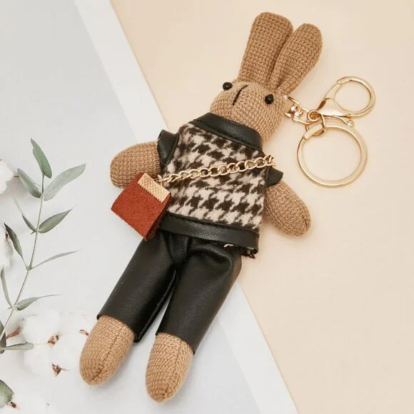 ❤️7" Easter Bunny Hand Bag Charm Keychain Wearing Houndstooth Sweater & Purse - Picture 7 of 9